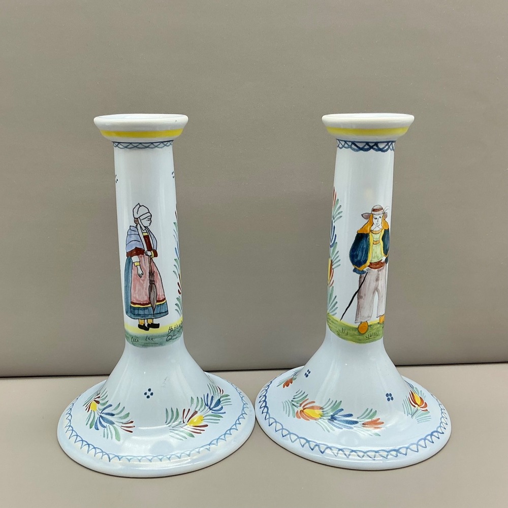 Henriot Quimper Candlestick Holders French Pottery Pair Numbered Limited Edition